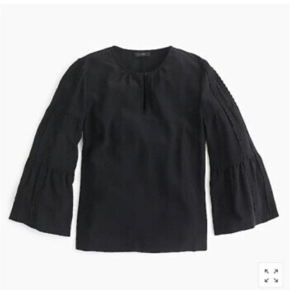 J Crew 100% Silk Black Blouse with Lace Bell Sleeve Detail, size 4P
